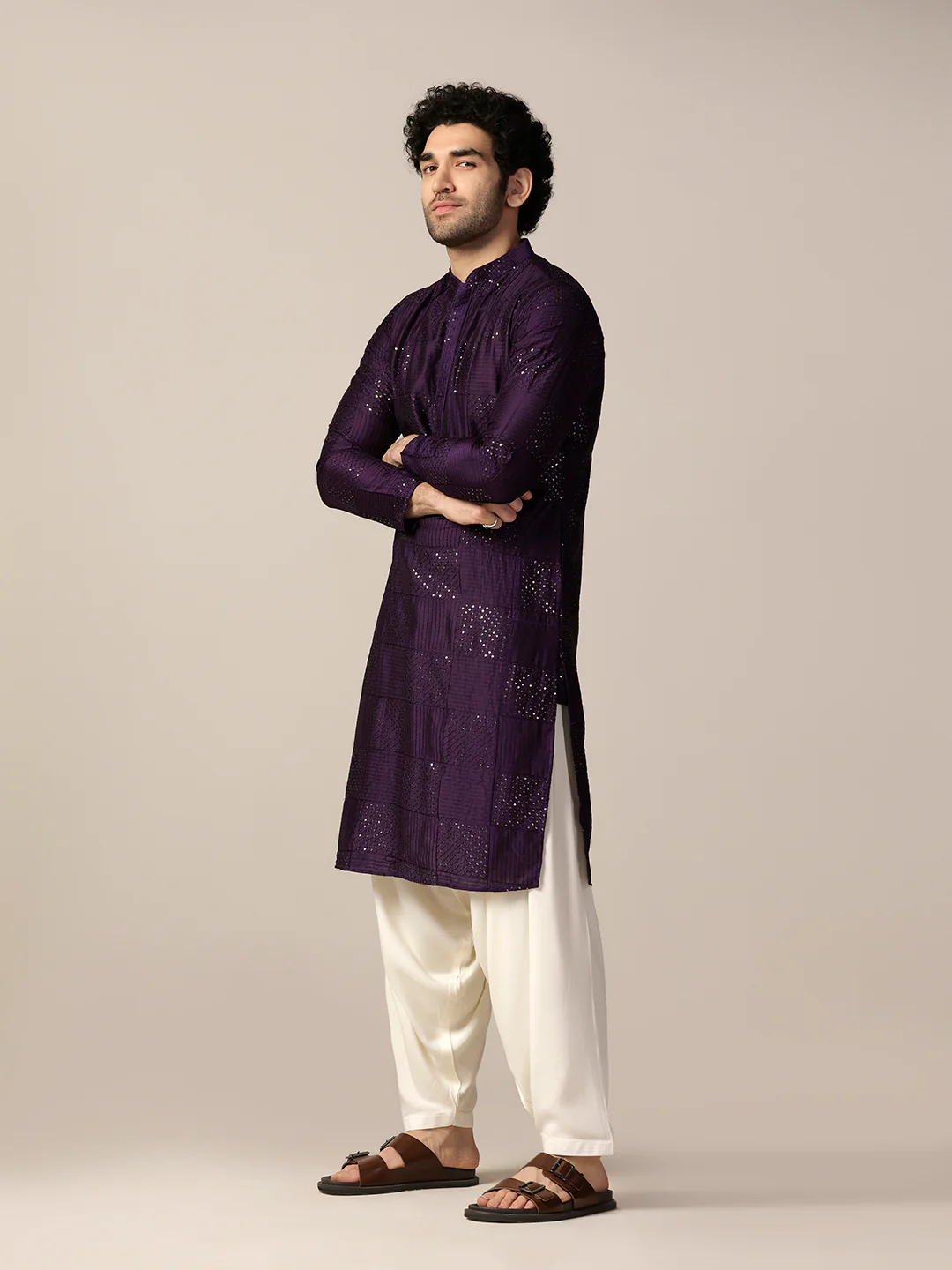Purple Art Silk Mirror Work Long Kurta - Image 3