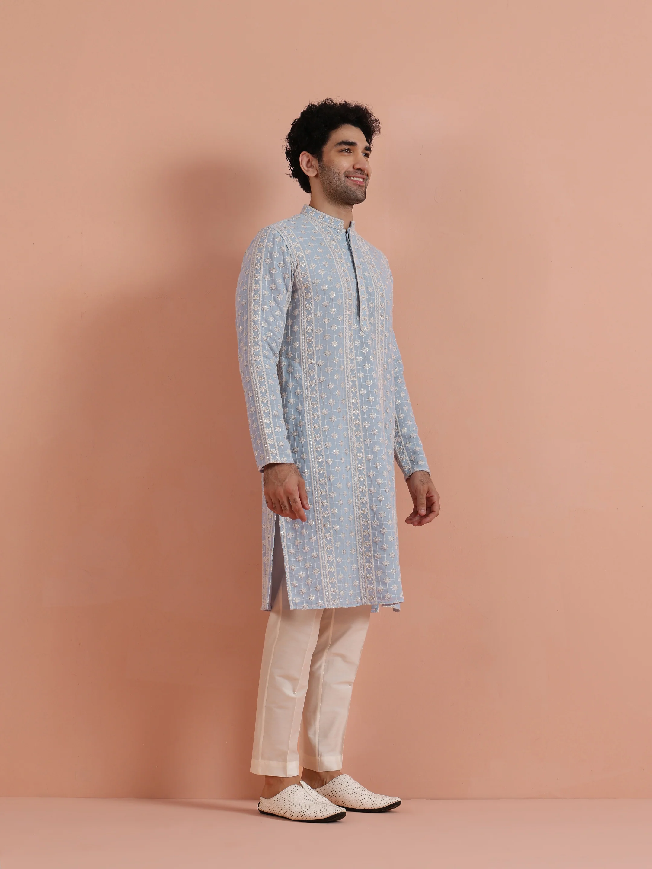 Light Blue Georgette Chikankari Embroidered Kurta - Image 3